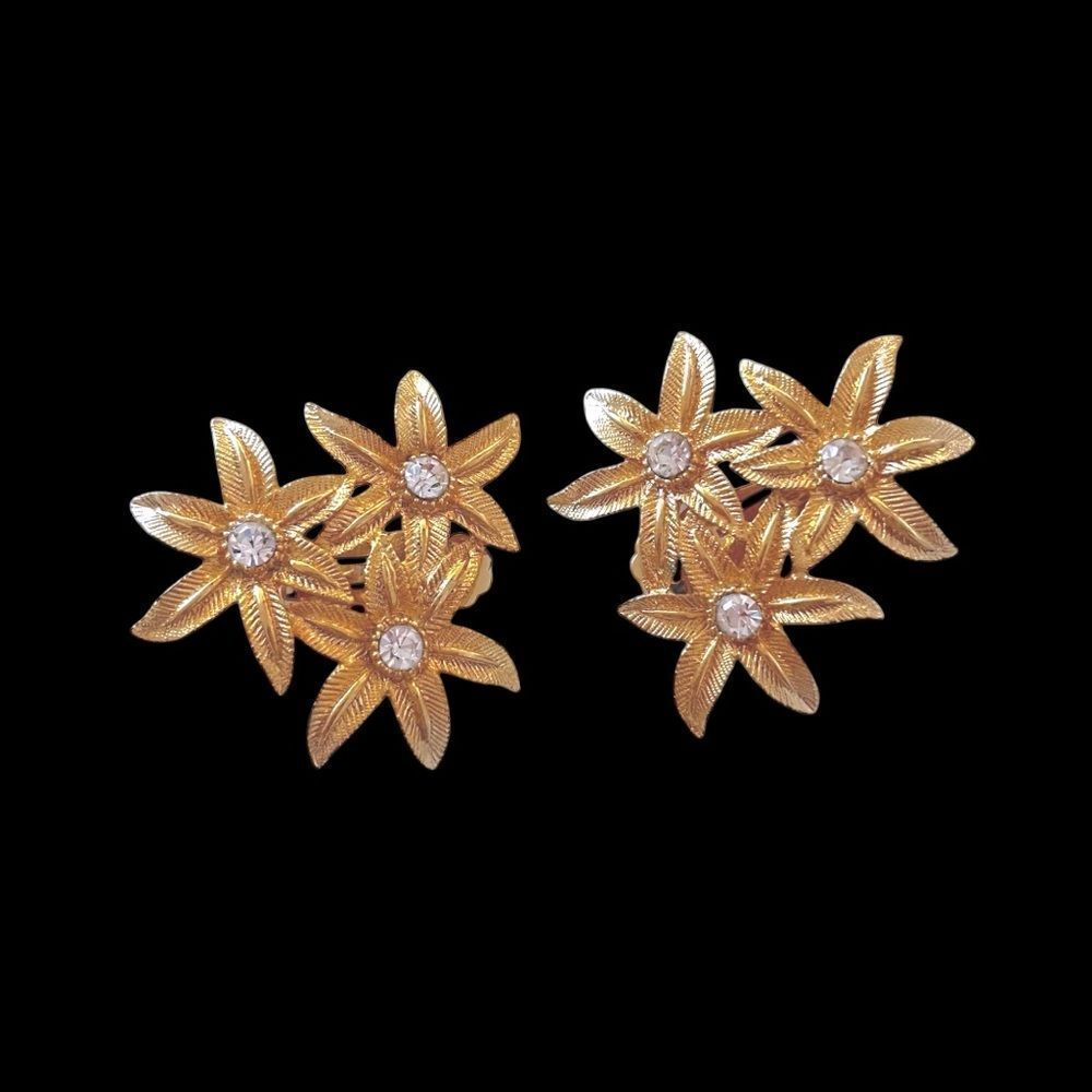 Vintage Gold Rhinestone Flower Statement Earrings